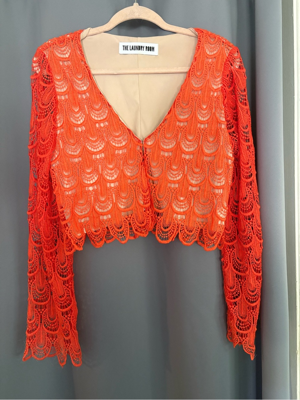 The Laundry Room Orange Crochet Lace Cropped Long-Sleeve Top
